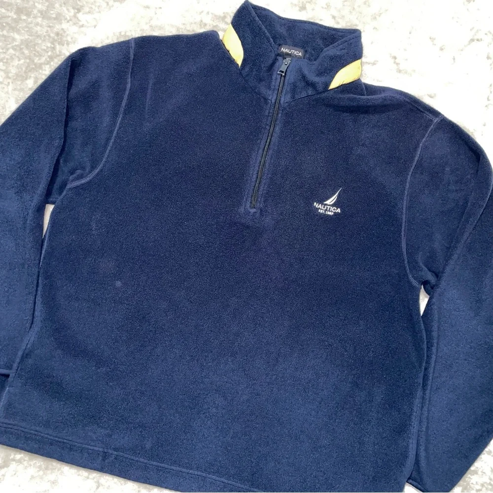 Vintage Nautica Navy Yellow Quarter Zip Fleece Pullover Sweater XXL